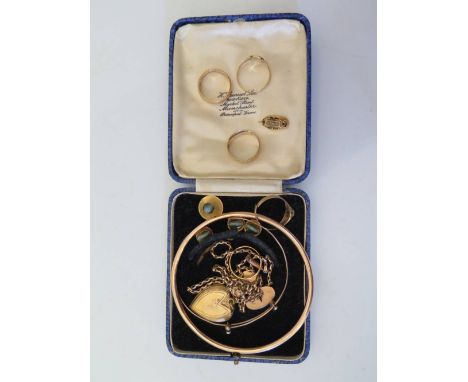 A 14ct Gold Bangle, 18ct ring and studs, 9ct chain, cufflink etc, unmarked precious yellow metal wedding band etc