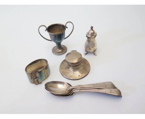 Silver Capstan Inkwell, silver salt, six bright cut silver teaspoons and plated cup and napkin ring