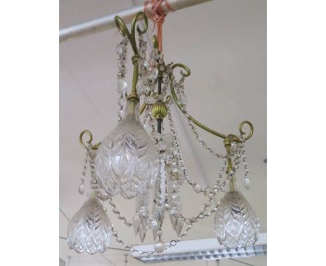 A Three Light Chandelier with slice cut glass lustres, c. 55 cm drop