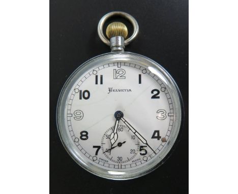 A Swiss Made British Army Issue Open Dial Pocket Watch, running Dial damaged