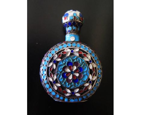 A Small Russian Silver and Champlevé Enamel Scent Flask, marked AK 84, 57mm and spoon