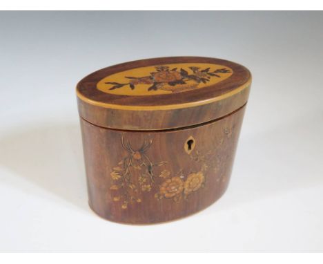 A Nineteenth Century Mahogany and Floral Marquetry Inlaid Oval Tea Caddy, 12 cm high