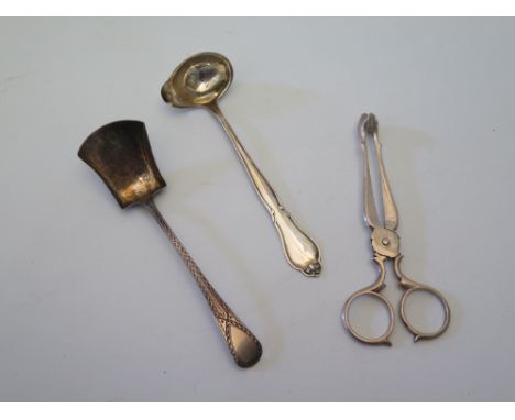 A Georgian Bright Cut Silver Shovel London 1825, sugar tongs and Danish ladle