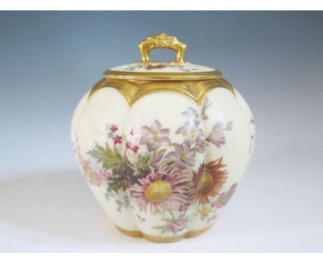 A Royal Worcester Blush Ivory Floral Decorated Lobed Pot and Cover, 18 cm