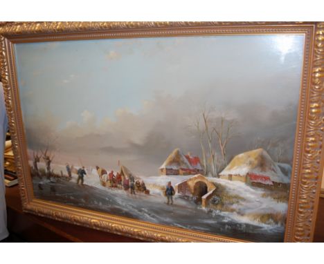 J B Holska -  Winter village scene, 20th century oil on board, signed lower right, 53 x 82cm; and a framed print (2)