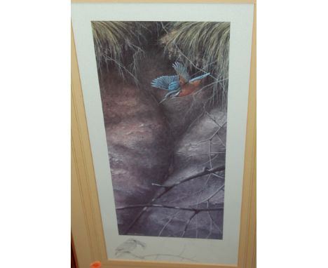 Nigel Hemming - Kingfisher, limited edition print; an oak wall mirror; and two other prints (4)