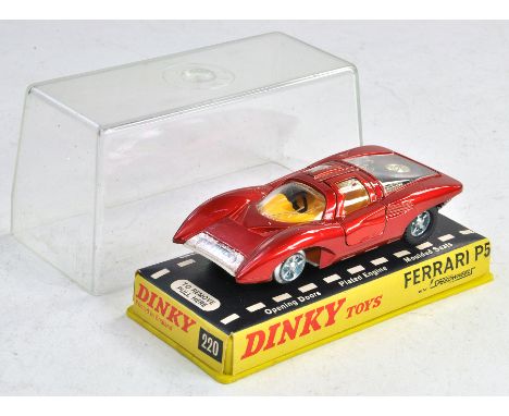 Dinky No. 220 Ferrari P5 Racing Car in metallic red with yellow interior and cast hubs. Missing front tyre but generally exce