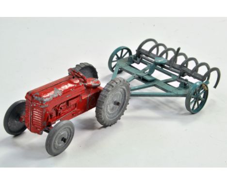 Pure Rubber Products / Pre Benbros Ferguson Tractor and Rake. Tractor is deep red with metal wheels, rake is light blue. Cond
