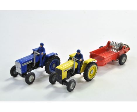 Duo of Joal Diecast Tractor issue, namely Ebro in blue and yellow variations with complete Joal Manure Spreader. Generally go