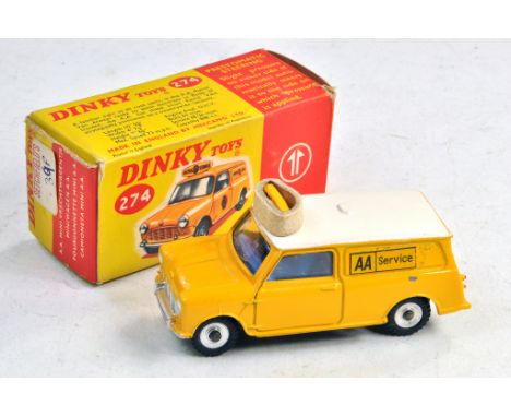 Dinky Toys No. 274 AA Mini Van in yellow, with blue interior, fitted with AA Service decals on side and roof. Generally very 