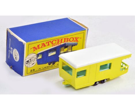 Matchbox Regular Wheels No. 23d Trailer Caravan with lemon yellow body, white roof, light blue interior. Generally excellent,