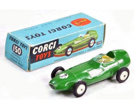 Corgi No. 150 Vanwall Racing Car in deep green with racing number 7. Cream interior. Flat Spun Hubs. Generally very good to e