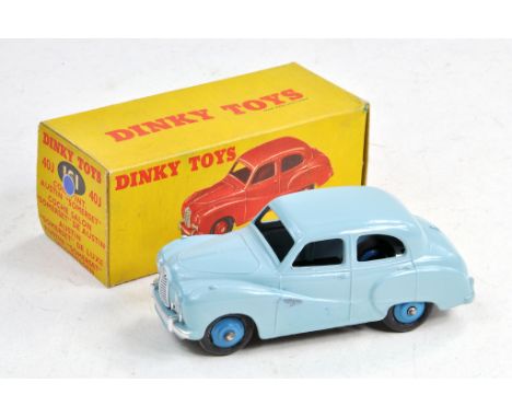 Dinky No. 40j Austin Somerset Saloon with 161 baseplate. Model is light blue with silver trim and blue ridged hubs. Generally
