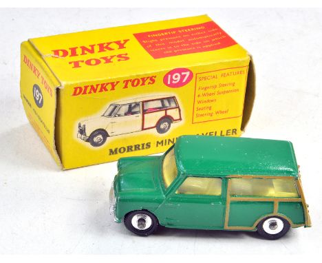 Dinky No. 197 Morris Mini Traveller. Dark green with cream interior, chrome hubs. Very good to excellent in good original box