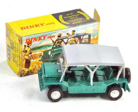 Dinky Toys No. 342 Austin Mini Moke in metallic green with removable grey plastic roof. Very good to excellent in fair box. C