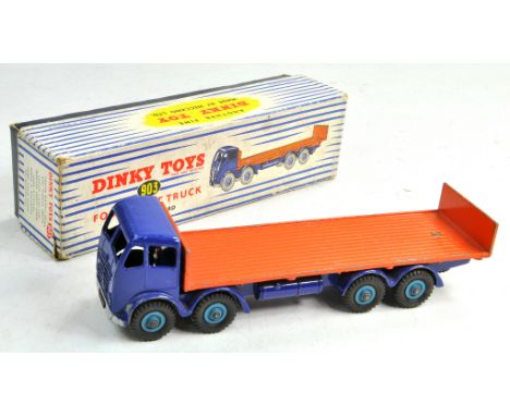Dinky No. 903 Foden (2nd Type) Flat Truck with tailboard with blue cab and chassis, orange back, silver trim and mid-blue Sup