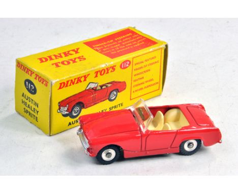 Dinky No. 112 Austin Healey Sprite with red body, cream interior, silver trim and chrome spun hubs. Generally very good to ex