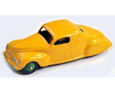 Dinky No. 39C Lincoln Zephyr with yellow body, mid green ridged hubs and smooth black tyres. black base. US Export Issue. Thi