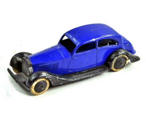 Dinky No. 30b Pre-war Rolls Royce with brilliant blue body, black chassis, smooth hubs with white tyres. Generally good leadi