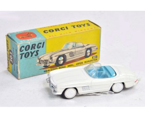 Corgi No. 303 Mercedes Benz 300SL Open Roadster. White with light blue interior. Appears very good to excellent, little sign 