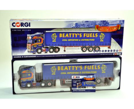 Corgi Diecast Model Truck Issue comprising No. CC13755 Scania R Curtainside in the livery of Beatty's Fuels . Mirrors and cer