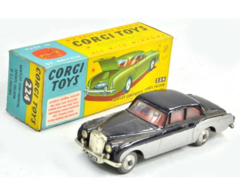 Corgi No. 224 Bentley Continental. Two Tone in black and light grey with red interior and chrome spun hubs. Generally very go