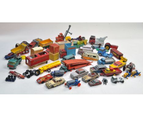 Playworn diecast group comprising various makers. Includes Lego, Matchbox, Dinky, Corgi and others. Fair mostly.  Condition R