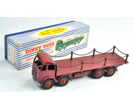 Dinky No. 905 Foden (2nd Type) Flat Truck with Chains wth maroon cab, chassis and back, silver trim and  red Supertoy hubs. G