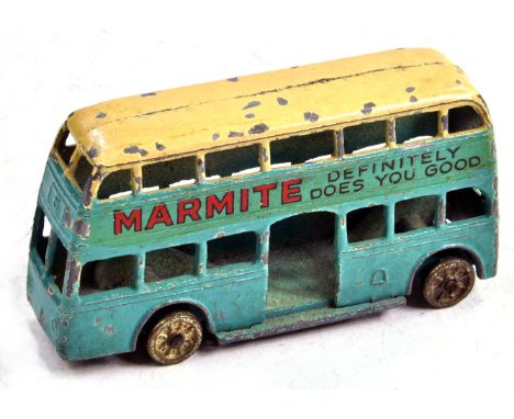 Dinky No. 29 Motorbus with light blue / cream body, Marmite to sides and plated metal wheels. Expected level of wear but stil