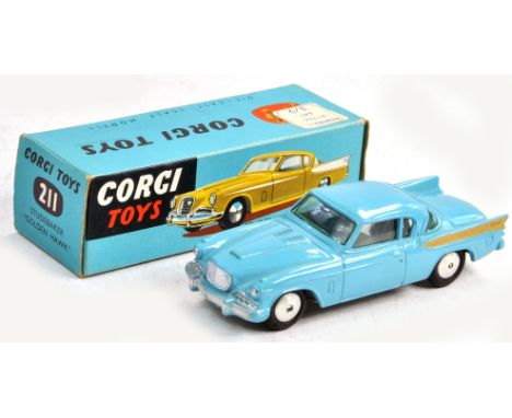 Corgi No. 211 Studebaker Golden Hawk in blue with gold flashes, silver trim and flat spun hubs. Fine example, only the odd ti