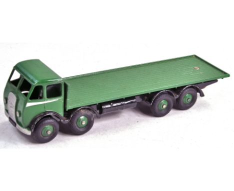 Dinky No. 502 Foden (1st Type) Flat Truck with green cab, back and ridged hubs with herringbone treaded tyres, black chassis,