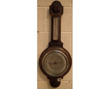 Mahogany cased banjo aneroid barometer thermometer, L: 90 cm