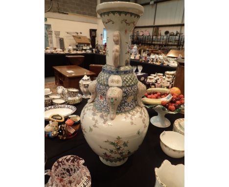 Chinese large vase, H: 61 cm, tall hand decorated with a blossoming peach tree, enamel and geometric patterning with Chinese 