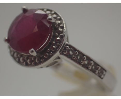 Sterling silver large ruby solitaire ring, approximately 2.2 ct ruby, size T