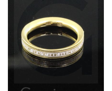 A George III 22ct gold and white enamel mourning band, inscribed "Revd Wm Hetherington Ob 1.Dec 1778 Aet 80", size K/L.
