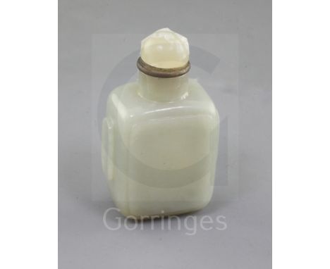A Chinese pale celadon jade rectangular snuff bottle, Qing dynasty, with raised facets to four sides, engraved Qianlong four 