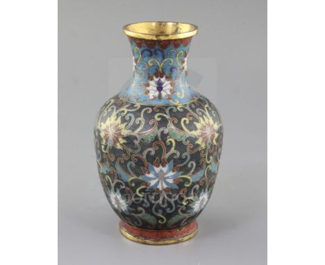 A Chinese cloisonne enamel vase, 18th/19th century, the black and blue grounds decorated with lotus flowers and scrolling fol