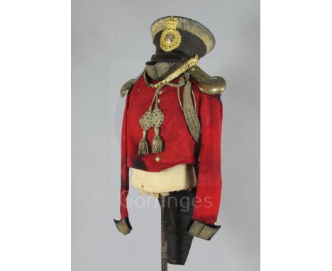 A rare Honourable Corps of Gentlemen-at-Arms officer's coatee and shako, c.1840, the scarlet cloth coatee with gold bullion w