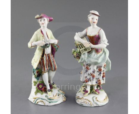 A pair of Derby figures of Liberty and Matrimony, c.1760, each standing by a flowering tree stump, the young man wearing stri