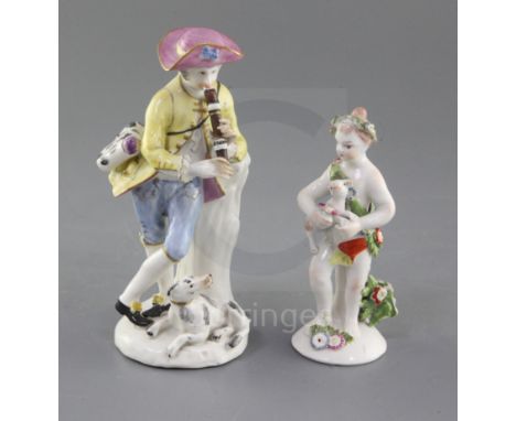 Two Bow figures of a shepherd and a cherub, c.1760, the shepherd playing a pipe with a satchel slung over his shoulder, leani