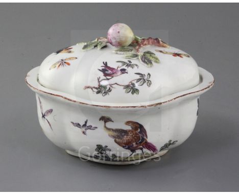 A Derby quatre-lobed sauce tureen and cover, c.1760-5, painted with 'dishevelled' birds and insects, the domed cover with plu