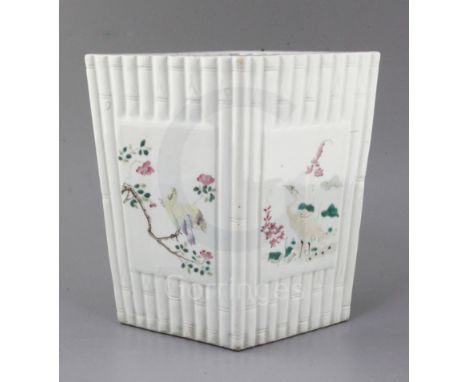 A Chinese famille rose bamboo moulded planter, Republic period, of tapering diamond section, the four rectangular reserves pa