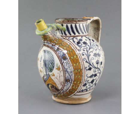 A Deruta maiolica wet drug 'Laboeretia', 16th century or later, painted with a Belladonna style portrait of a lady within a w