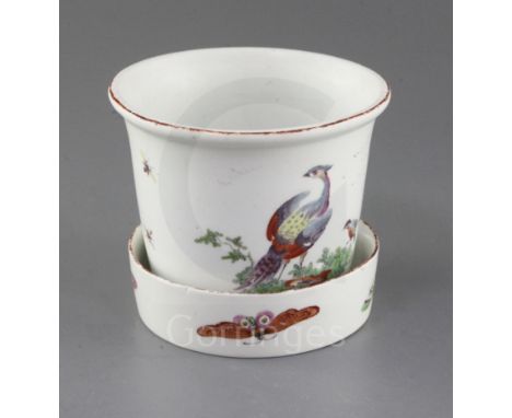 A rare Derby planter and stand, c.1760-5, the pot painted with two exotic birds to each side and scattered insects, drainage 