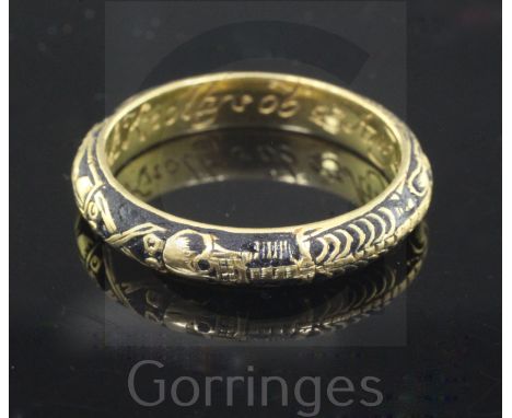 A George II gold and black enamel skeleton momento mori ring, the shank interior inscribed 'Mrs Hanh Knoltys? ob 23rd Aug, 17