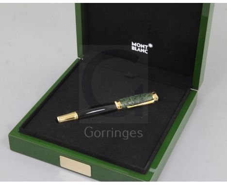 A Montblanc Qing dynasty limited edition fountain pen, with a Chinese jade cap crafted in the traditional style with the symb