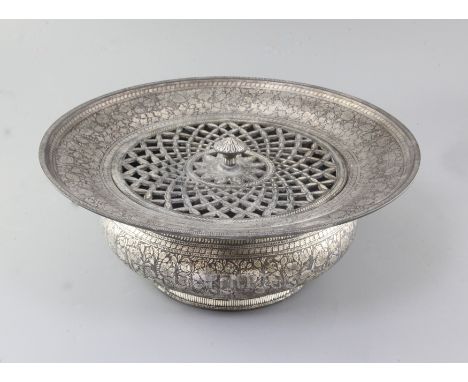 A large Indian bidri ware basin and cover, late 18th/early 19th century, decorated with bands of repeating tall stemmed flowe