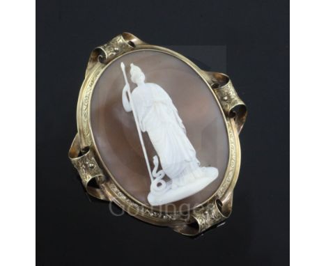 A Victorian engraved gold mounted oval cameo pendant brooch, carved with Pallas Athena and the serpent Erichthonius, with scr