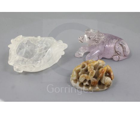 A Chinese jade hat finial and two rock crystal carvings, the grey and russet jade hat finial carved in high relief and openwo