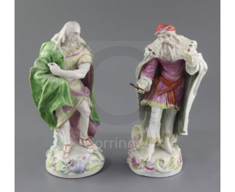 A matched pair of Derby figures of St. Philip and probably St James the Great, c.1758-60, each wearing a cloak, St. Philip ho